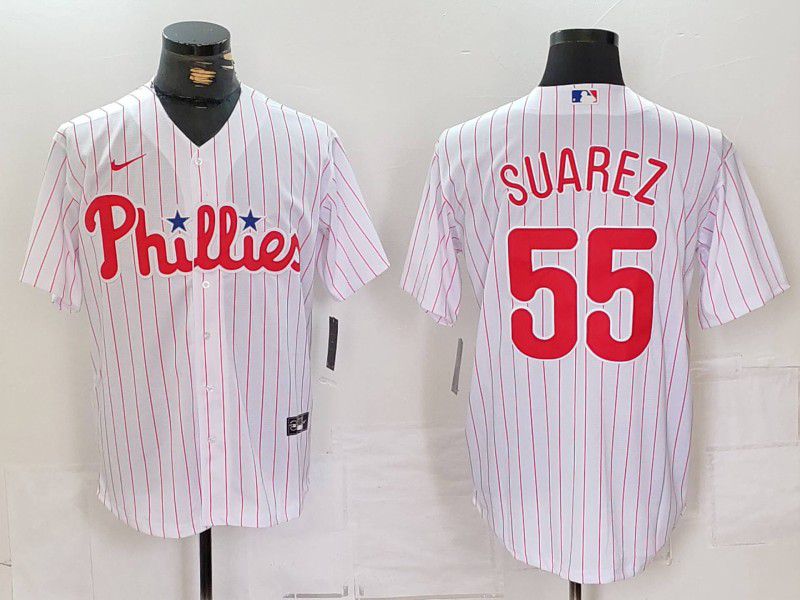 Men Philadelphia Phillies #55 Suarez White stripe Nike Game 2024 MLB Jersey style 1